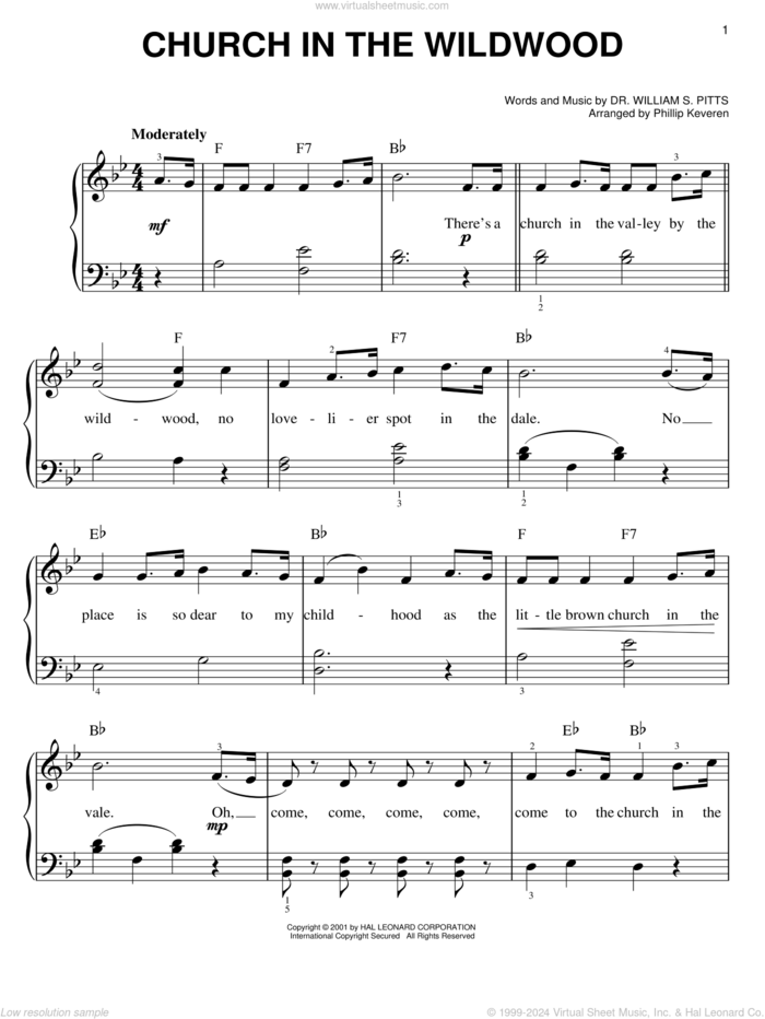 Church In The Wildwood (arr. Phillip Keveren) sheet music for piano solo by Dr. William S. Pitts and Phillip Keveren, easy skill level