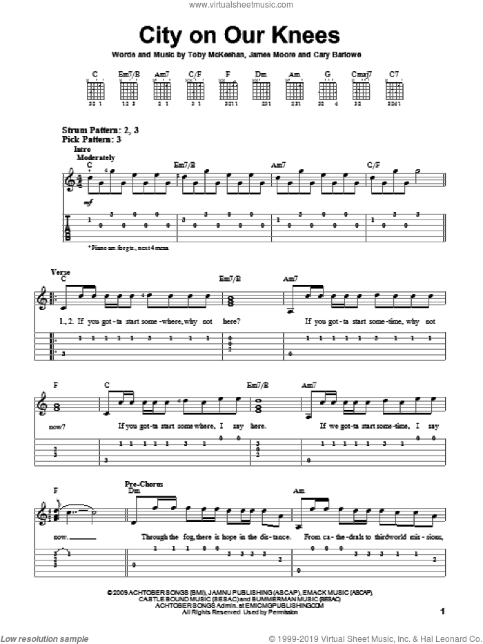 City On Our Knees sheet music for guitar solo (easy tablature) by tobyMac, Cary Barlowe, James Moore and Toby McKeehan, easy guitar (easy tablature)