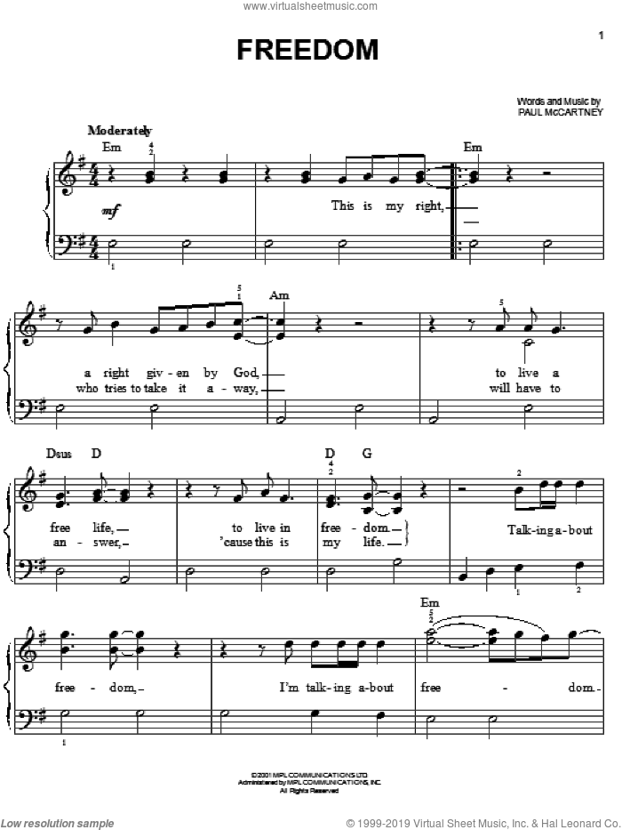 Freedom sheet music for piano solo by Paul McCartney, easy skill level
