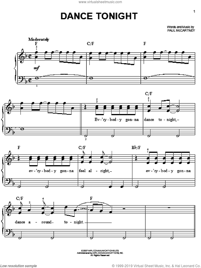 Dance Tonight sheet music for piano solo by Paul McCartney, easy skill level