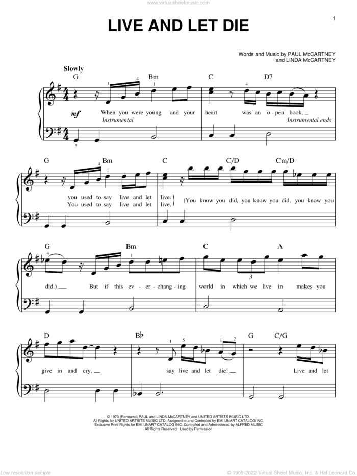 Live And Let Die sheet music for piano solo by Paul McCartney, Paul McCartney and Wings, Wings and Linda McCartney, beginner skill level