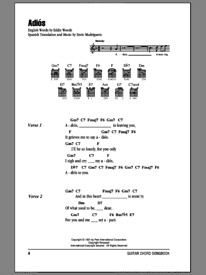 Adios sheet music for guitar (chords) by Enric Madriguera, intermediate skill level