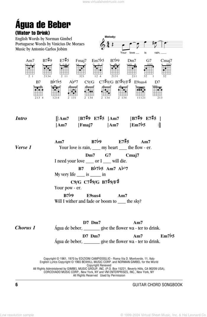 Agua De Beber (Water To Drink) sheet music for guitar (chords) by Antonio Carlos Jobim and Norman Gimbel, intermediate skill level