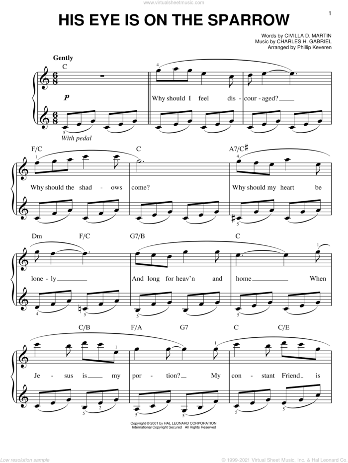 His Eye Is On The Sparrow (arr. Phillip Keveren) sheet music for piano solo by Mahalia Jackson, Phillip Keveren, Marvin Gaye, Charles H. Gabriel and Civilla D. Martin, easy skill level