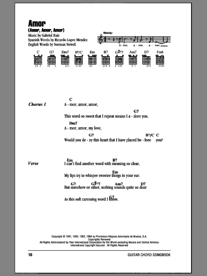 Amor (Amor, Amor, Amor) sheet music for guitar (chords) by Gabriel Ruiz, Norman Newell and Ricardo Lopez Mendez, intermediate skill level