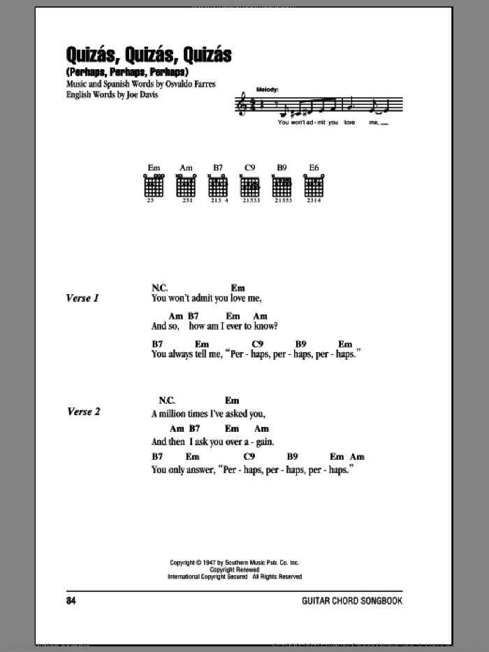 Quizas, Quizas, Quizas (Perhaps, Perhaps, Perhaps) sheet music for guitar (chords) by Osvaldo Farres and Joe Davis, intermediate skill level