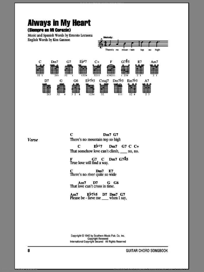 Always In My Heart (Siempre En Mi Corazon) sheet music for guitar (chords) by Glenn Miller, Ernesto Lecuona and Kim Gannon, intermediate skill level