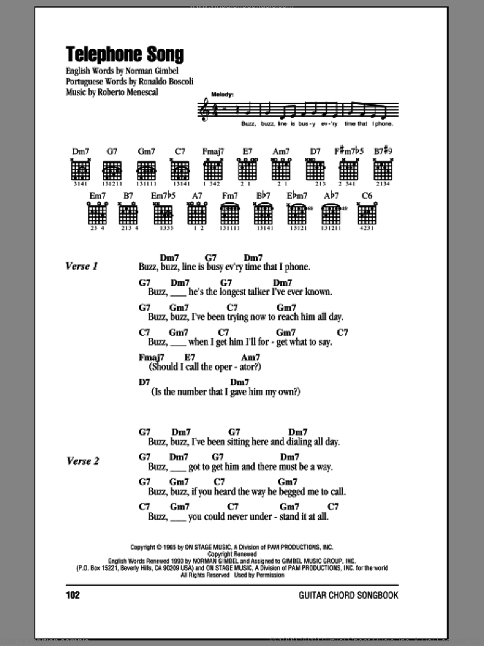 Telephone Song (feat. Astrud Gilberto) sheet music for guitar (chords) by Stan Getz, Norman Gimbel, Roberto Menescal and Ronaldo Boscoli, intermediate skill level