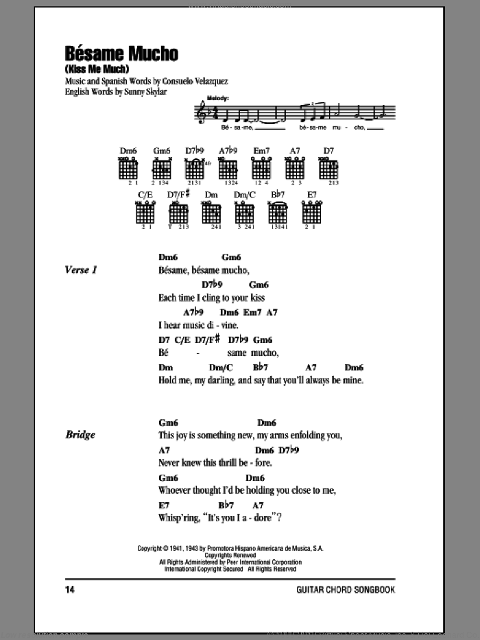 Besame Mucho (Kiss Me Much) sheet music for guitar (chords) by Consuelo Velazquez, intermediate skill level