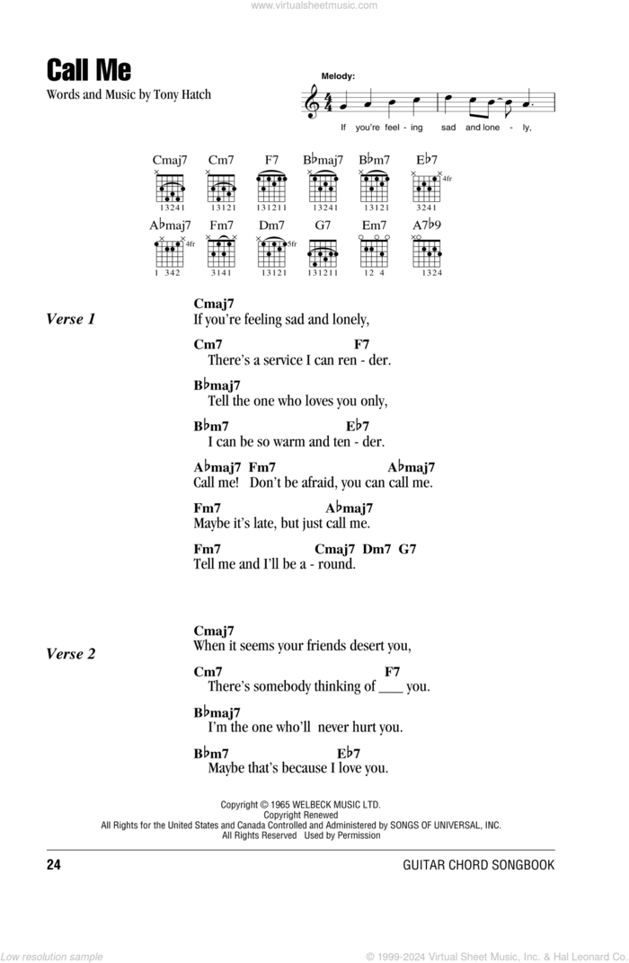 Call Me sheet music for guitar (chords) by Tony Hatch, intermediate skill level