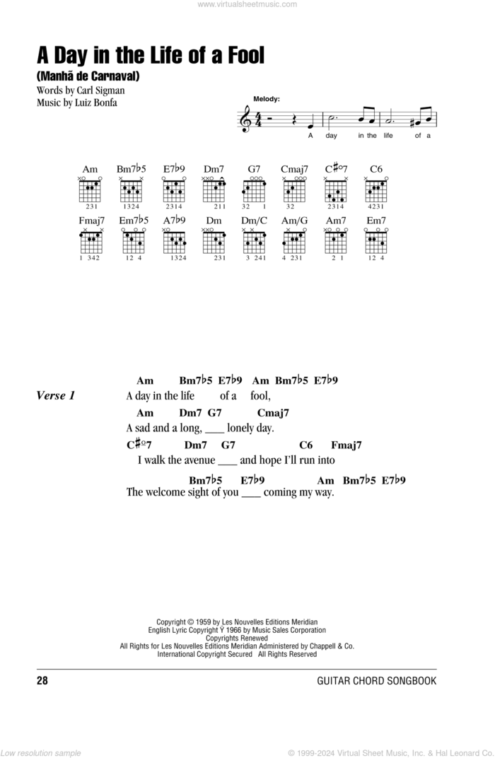 A Day In The Life Of A Fool (Manha De Carnaval) sheet music for guitar (chords) by Carl Sigman and Luiz Bonfa, intermediate skill level