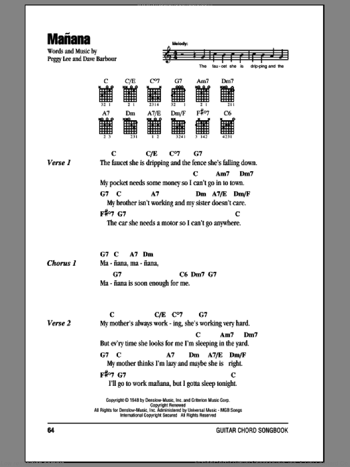Manana sheet music for guitar (chords) by Peggy Lee and Dave Barbour, intermediate skill level