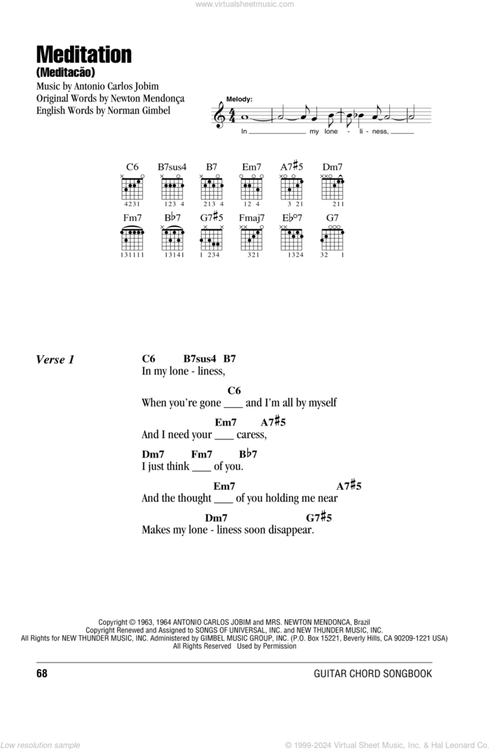 Meditation (Meditacao) sheet music for guitar (chords) by Antonio Carlos Jobim, Newton Mendonca and Norman Gimbel, intermediate skill level