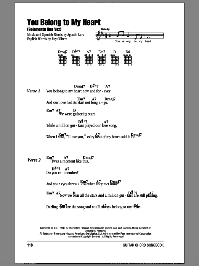 You Belong To My Heart (Solamente Una Vez) sheet music for guitar (chords) by Agustin Lara and Ray Gilbert, intermediate skill level