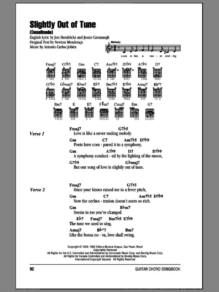 Slightly Out Of Tune (Desafinado) sheet music for guitar (chords) by Antonio Carlos Jobim, Jessie Cavanaugh, Jon Hendricks and Newton Mendonca, intermediate skill level