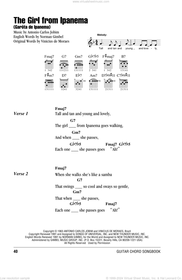 The Girl From Ipanema (Garota De Ipanema) sheet music for guitar (chords) by Antonio Carlos Jobim, Norman Gimbel and Vinicius de Moraes, intermediate skill level