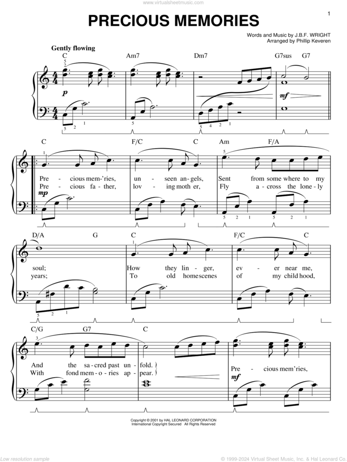 Precious Memories (arr. Phillip Keveren) sheet music for piano solo by J.B.F. Wright and Phillip Keveren, easy skill level