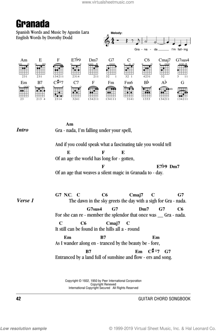 Granada sheet music for guitar (chords) by Agustin Lara and Katherine Jenkins, intermediate skill level