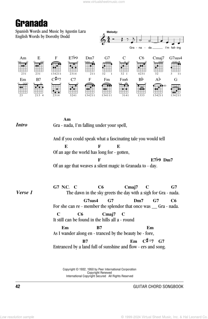 Granada sheet music for guitar (chords) by Agustin Lara and Katherine Jenkins, intermediate skill level