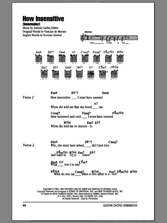How Insensitive (Insensatez) sheet music for guitar (chords) by Antonio Carlos Jobim, Astrud Gilberto and Norman Gimbel, intermediate skill level