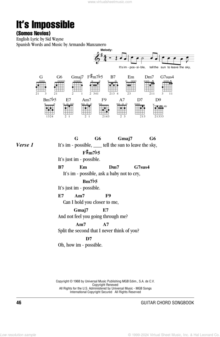 It's Impossible (Somos Novios) sheet music for guitar (chords) by Perry Como, Elvis Presley, Armando Manzanero and Sid Wayne, intermediate skill level