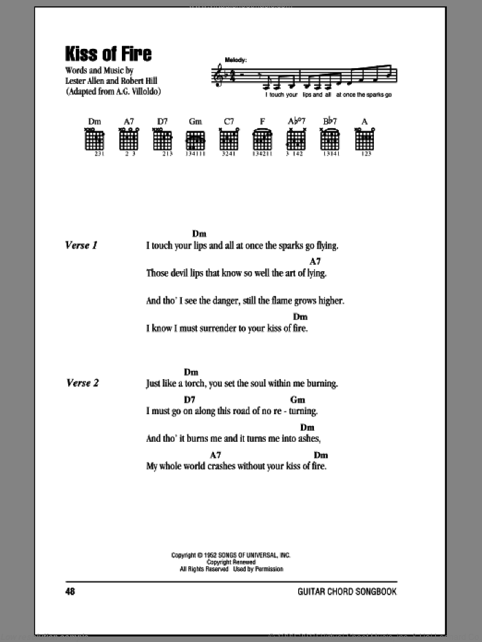 Kiss Of Fire sheet music for guitar (chords) by Georgia Gibbs, Lester Allen and Robert Hill, intermediate skill level