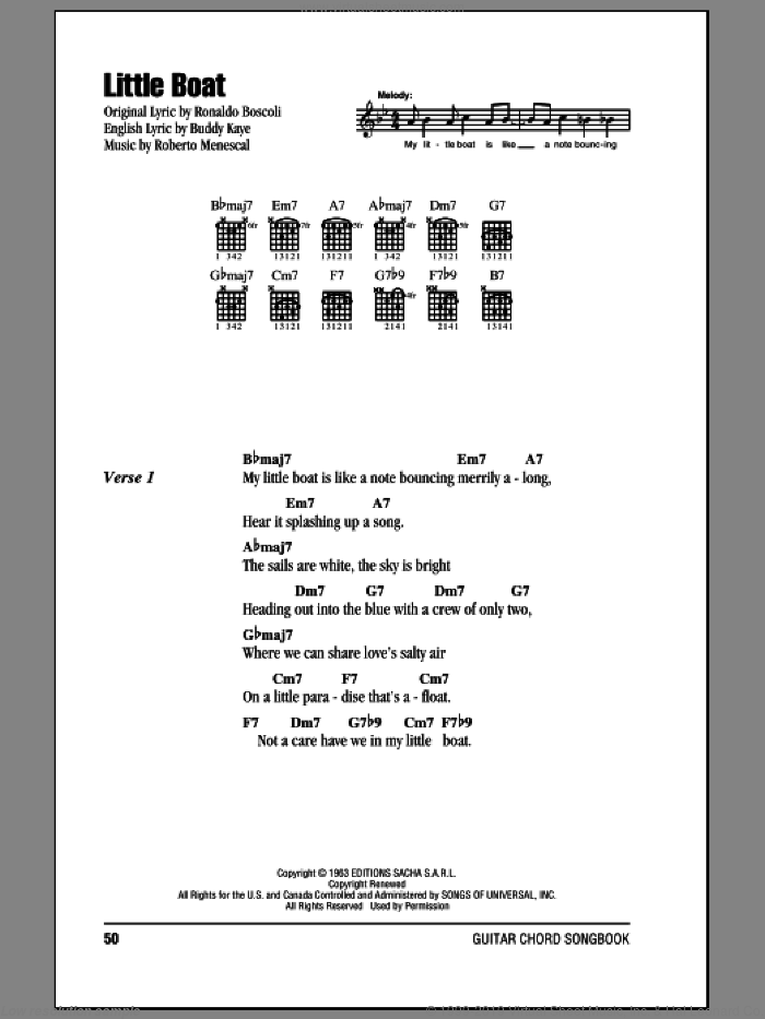 Little Boat sheet music for guitar (chords) by Buddy Kaye, Roberto Menescal and Ronaldo Boscoli, intermediate skill level