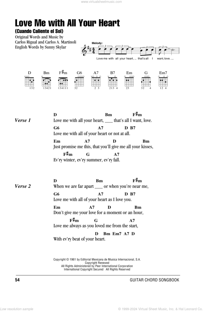 Love Me With All Your Heart (Cuando Calienta El Sol) sheet music for guitar (chords) by The Ray Charles Singers, Carlos A. Martinoli, Carlos Rigual and Sunny Skylar, intermediate skill level