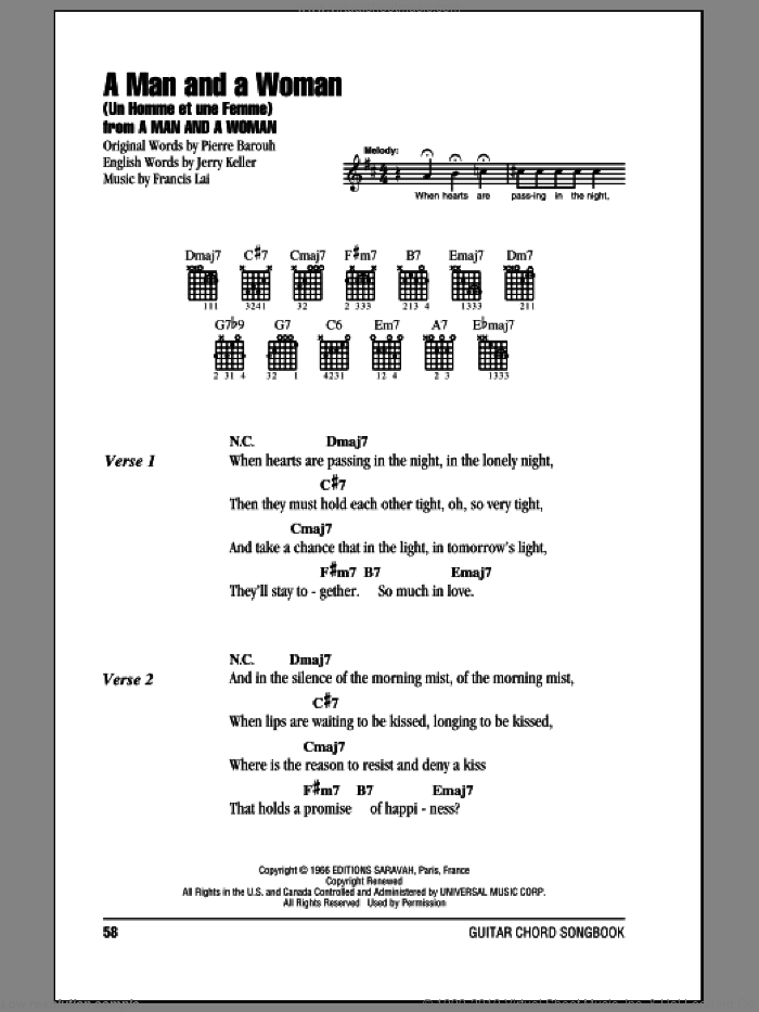 A Man And A Woman (Un Homme Et Une Femme) sheet music for guitar (chords) by Francis Lai, Jerry Keller and Pierre Barouh, intermediate skill level