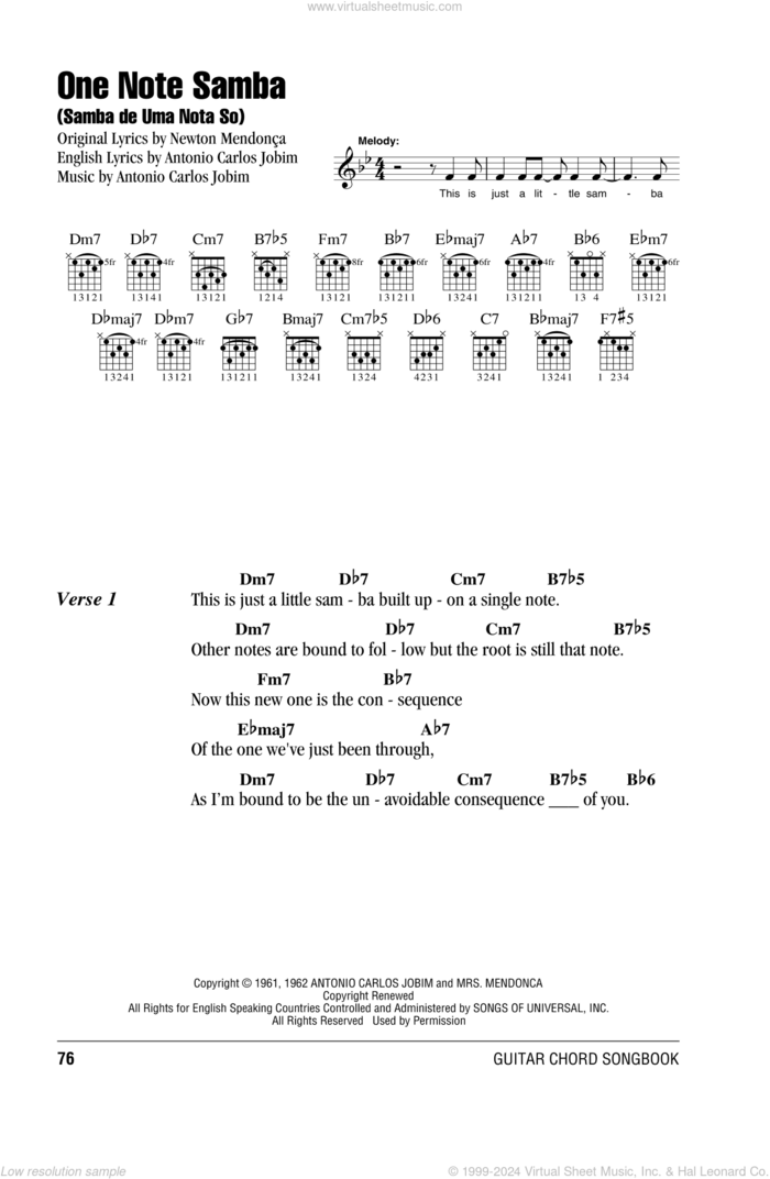 One Note Samba (Samba De Uma Nota So) sheet music for guitar (chords) by Antonio Carlos Jobim and Newton Mendonca, intermediate skill level