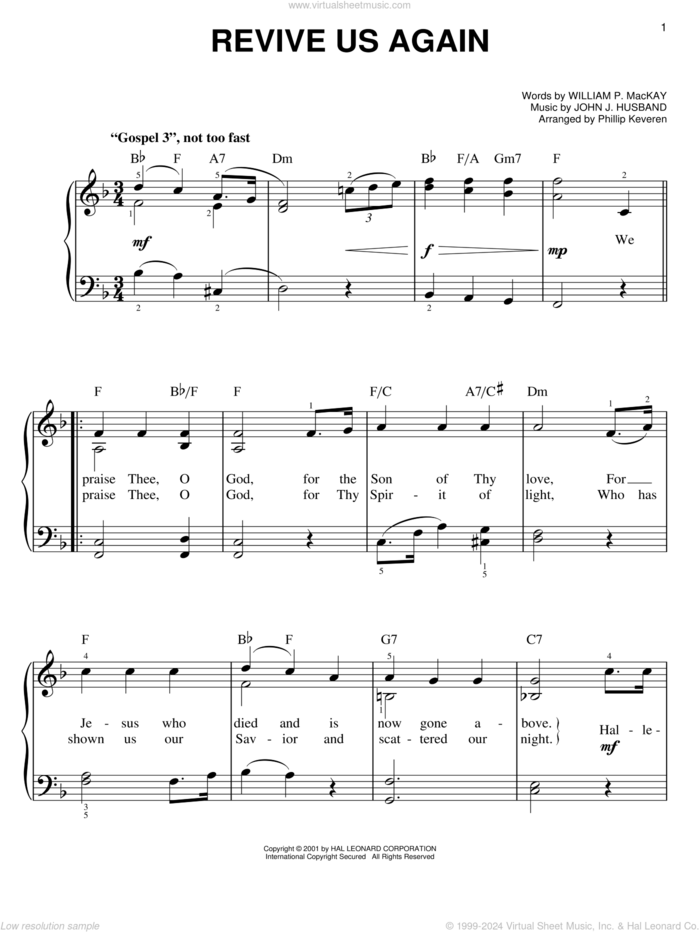 Revive Us Again (arr. Phillip Keveren) sheet music for piano solo by William P. MacKay, Phillip Keveren and John J. Husband, easy skill level