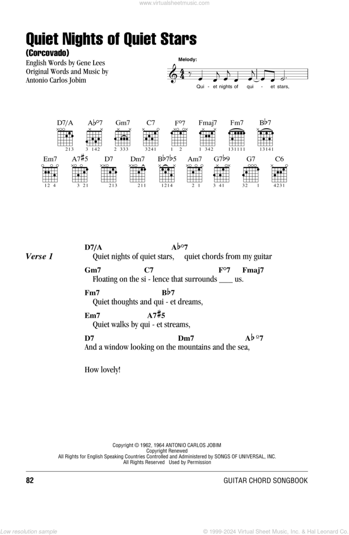 Quiet Nights Of Quiet Stars (Corcovado) sheet music for guitar (chords) by Antonio Carlos Jobim, Andy Williams and Eugene John Lees, intermediate skill level