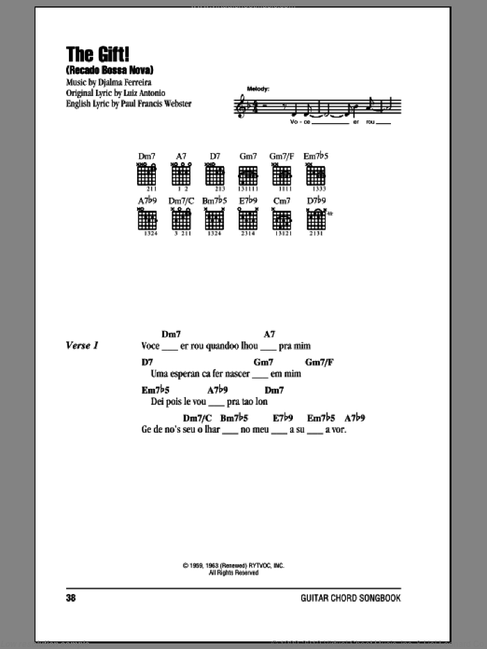 The Gift! (Recado Bossa Nova) sheet music for guitar (chords) by Luiz Antonio, Djalma Ferreira and Paul Francis Webster, intermediate skill level