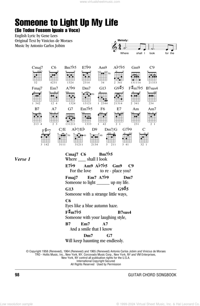 Someone To Light Up My Life (Se Todos Fossem Iguais A Voce) sheet music for guitar (chords) by Antonio Carlos Jobim and Eugene John Lees, intermediate skill level