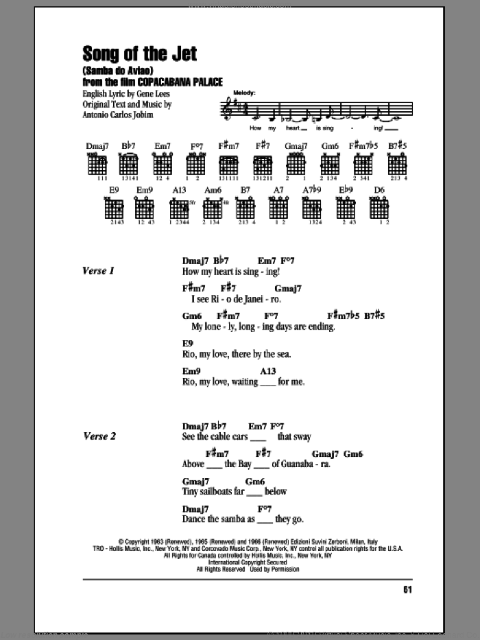 Song Of The Jet (Samba do Aviao) sheet music for guitar (chords) by Antonio Carlos Jobim and Eugene John Lees, intermediate skill level