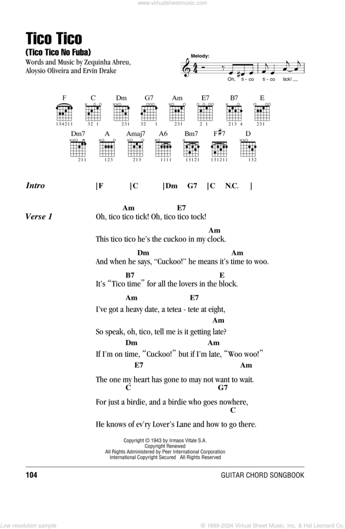 Tico Tico (Tico Tico No Fuba) sheet music for guitar (chords) by Carmen Miranda, Aloysio Oliveira, Ervin Drake and Zequinha de Abreu, intermediate skill level