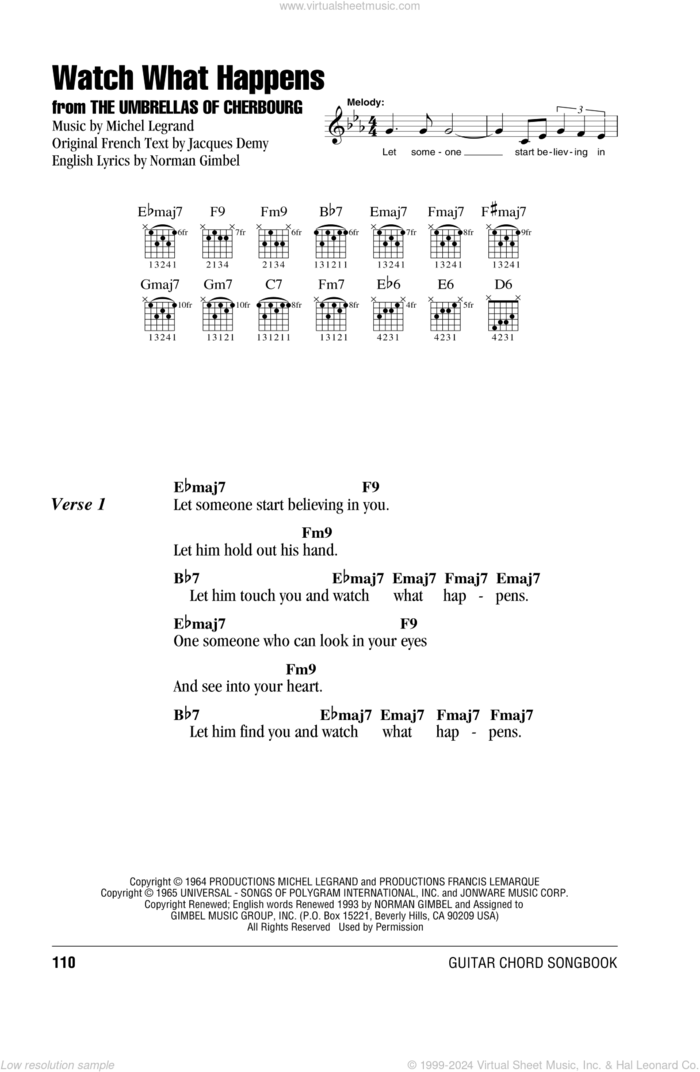 Watch What Happens sheet music for guitar (chords) by Michel LeGrand and Norman Gimbel, intermediate skill level