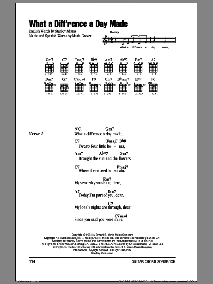 What A Diff'rence A Day Made sheet music for guitar (chords) by Stanley Adams and Maria Grever, intermediate skill level
