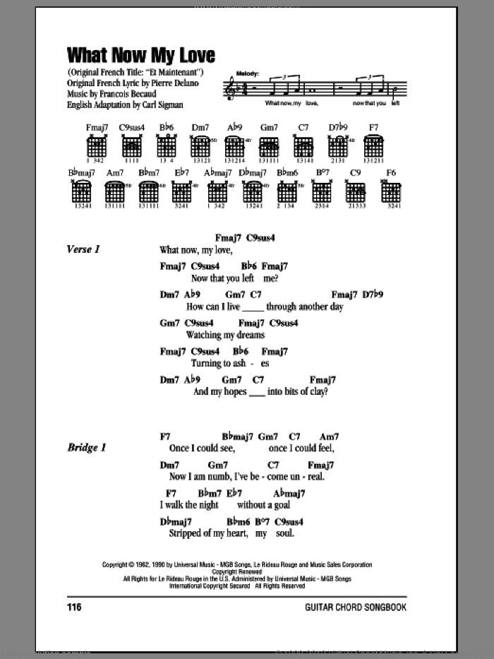 What Now My Love sheet music for guitar (chords) by Gilbert Becaud, Carl Sigman and Pierre Delanoe, intermediate skill level