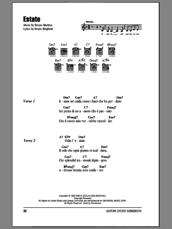 Estate sheet music for guitar (chords) by Bruno Martino and Bruno Brighetti, intermediate skill level