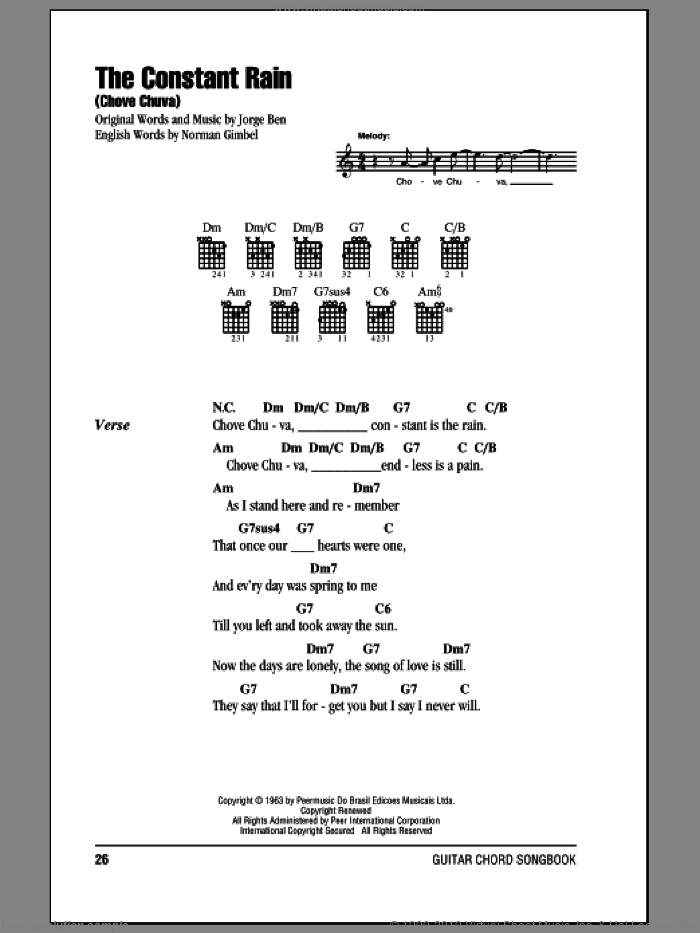 The Constant Rain (Chove Chuva) sheet music for guitar (chords) by Norman Gimbel and Jorge Ben, intermediate skill level