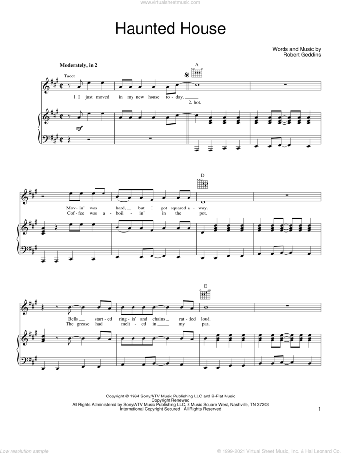 Haunted House sheet music for voice, piano or guitar by Robert Geddins, intermediate skill level