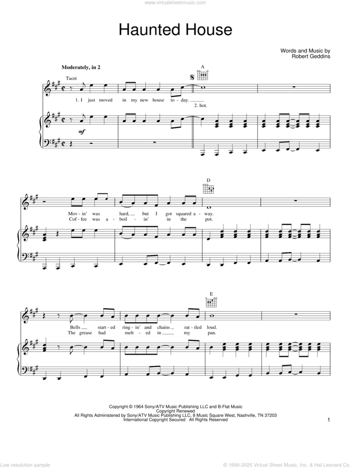 Haunted House sheet music for voice, piano or guitar by Robert Geddins, intermediate skill level