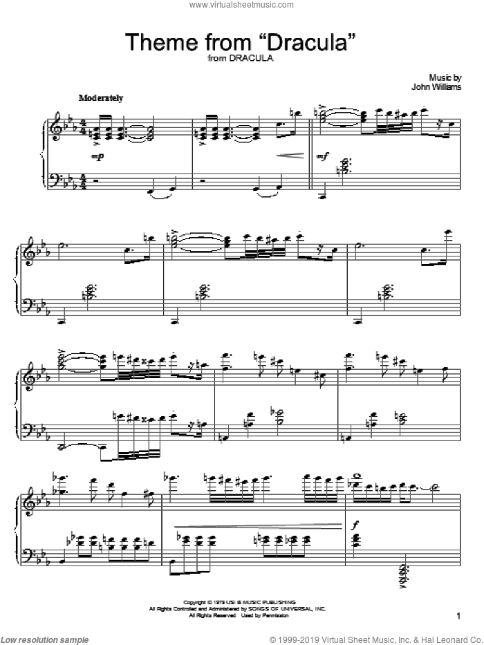 Theme from 'Dracula' sheet music for voice, piano or guitar by John Williams, intermediate skill level