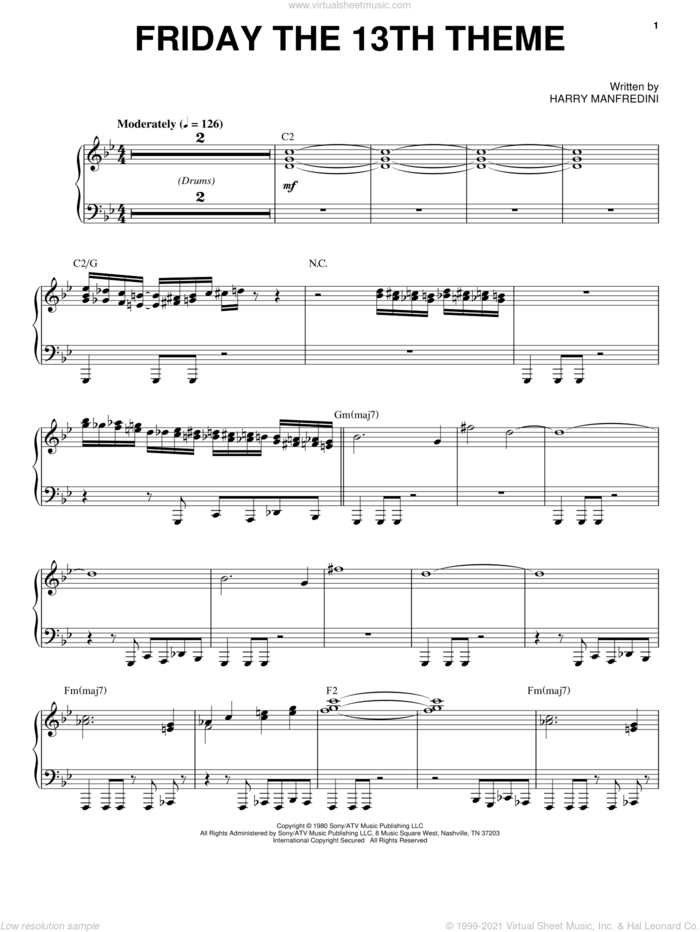 Friday The 13th Theme sheet music for piano solo by Harry Manfredini, intermediate skill level