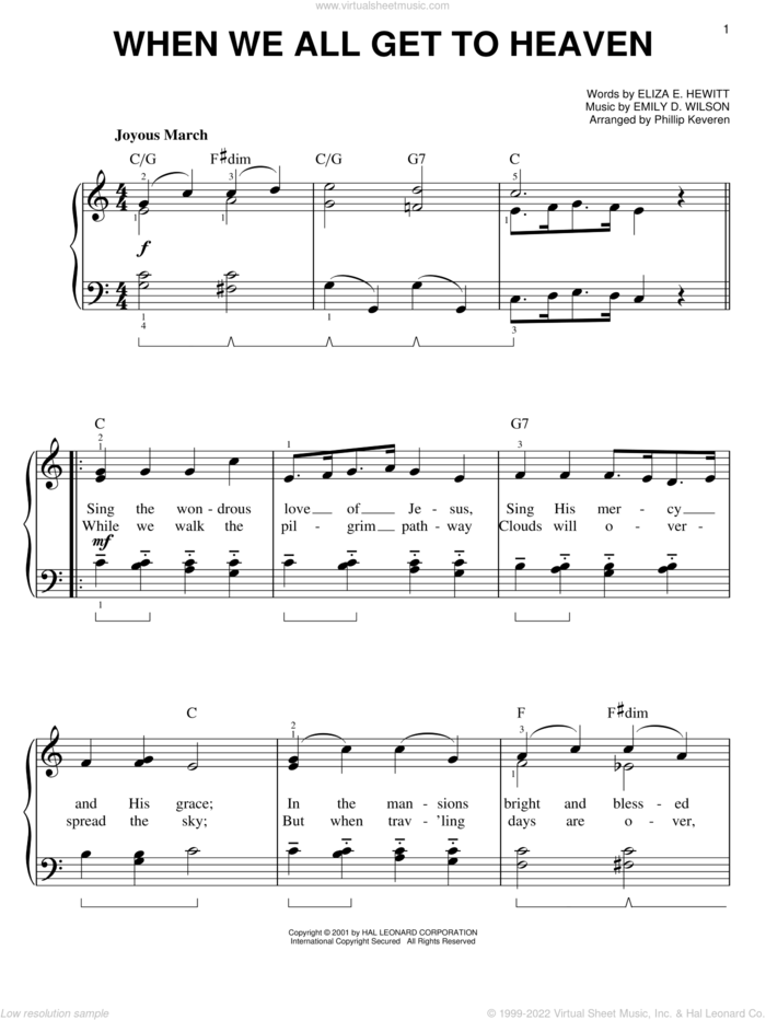 When We All Get To Heaven (arr. Phillip Keveren) sheet music for piano solo by Eliza E. Hewitt, Phillip Keveren and Emily D. Wilson, easy skill level
