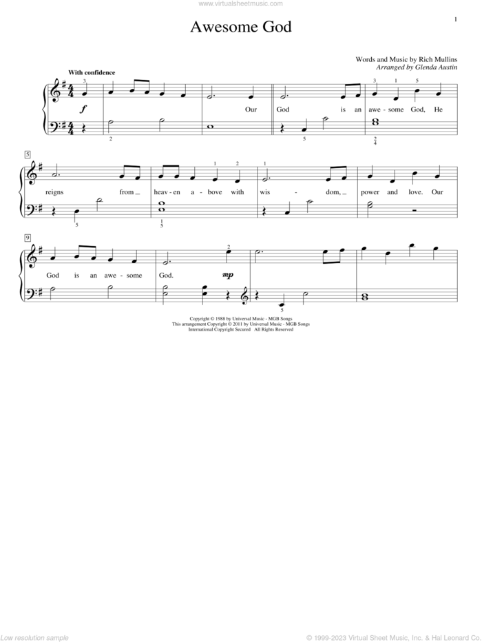 Awesome God sheet music for piano solo (elementary) by Rich Mullins and Glenda Austin, beginner piano (elementary)