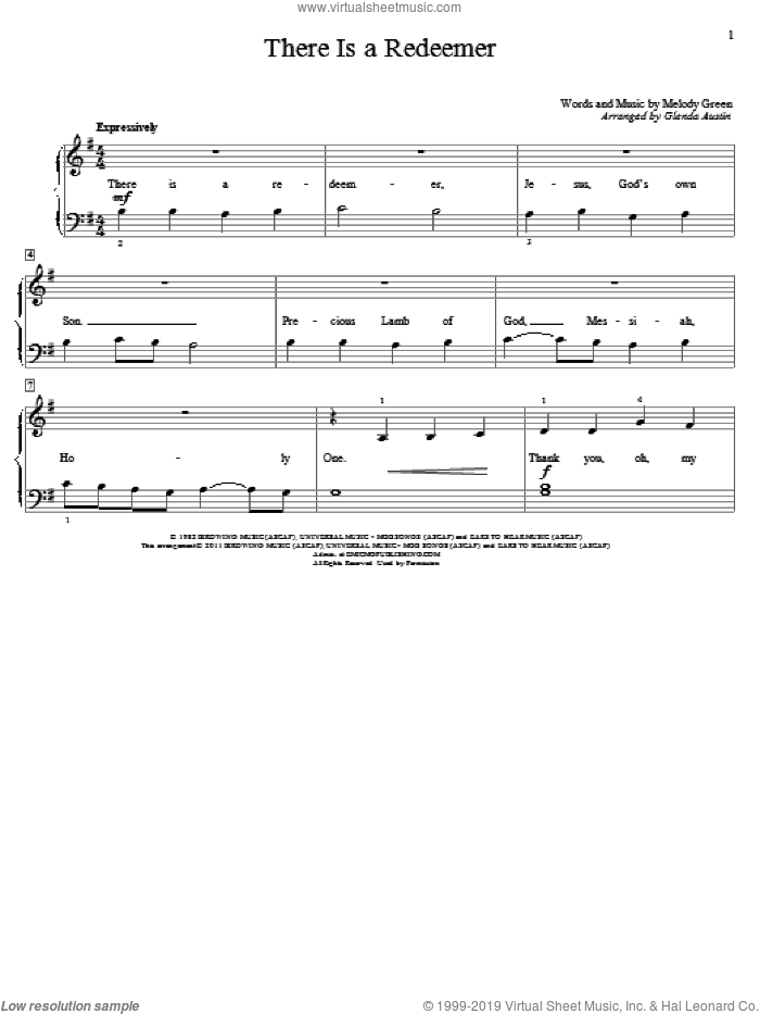 There Is A Redeemer sheet music for piano solo (elementary) by Keith Green, Glenda Austin and Melody Green, beginner piano (elementary)