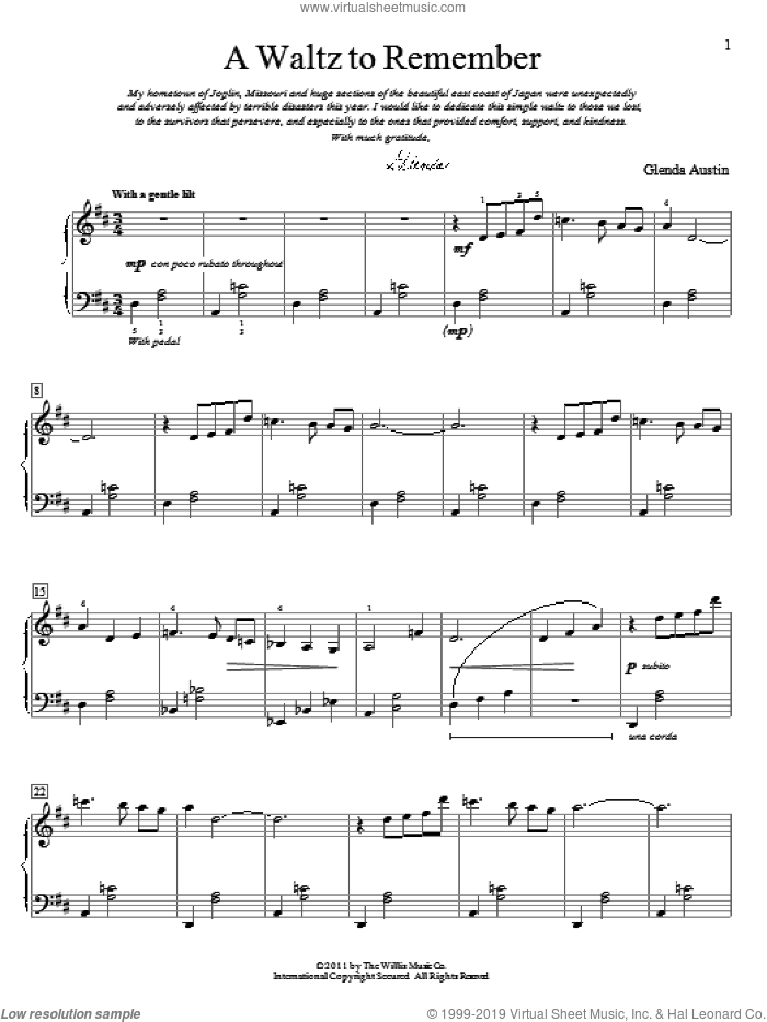 A Waltz To Remember sheet music for piano solo (elementary) by Glenda Austin, classical score, beginner piano (elementary)