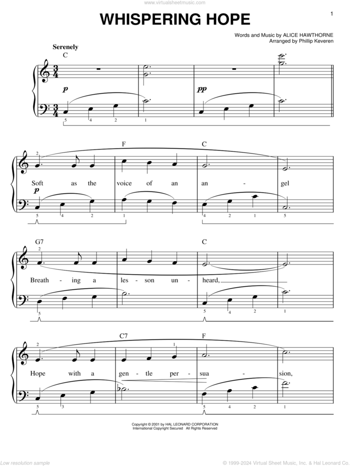 Whispering Hope (arr. Phillip Keveren) sheet music for piano solo by Alice Hawthorne, Phillip Keveren and Septimus Winner, easy skill level